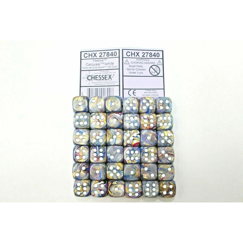 Chessex Dice 12mm D6 (36 Dice) Festive Carousel / White CHX27840 | TISTAMINIS