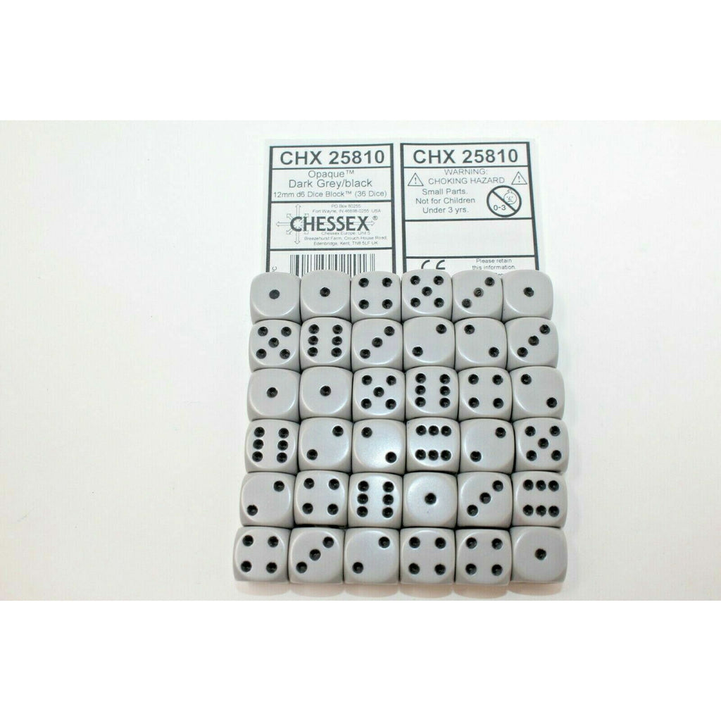 Chessex Dice 12mm D6 (36 Dice) Opaque Dark Grey / Black -CHX 25810 - Tistaminis