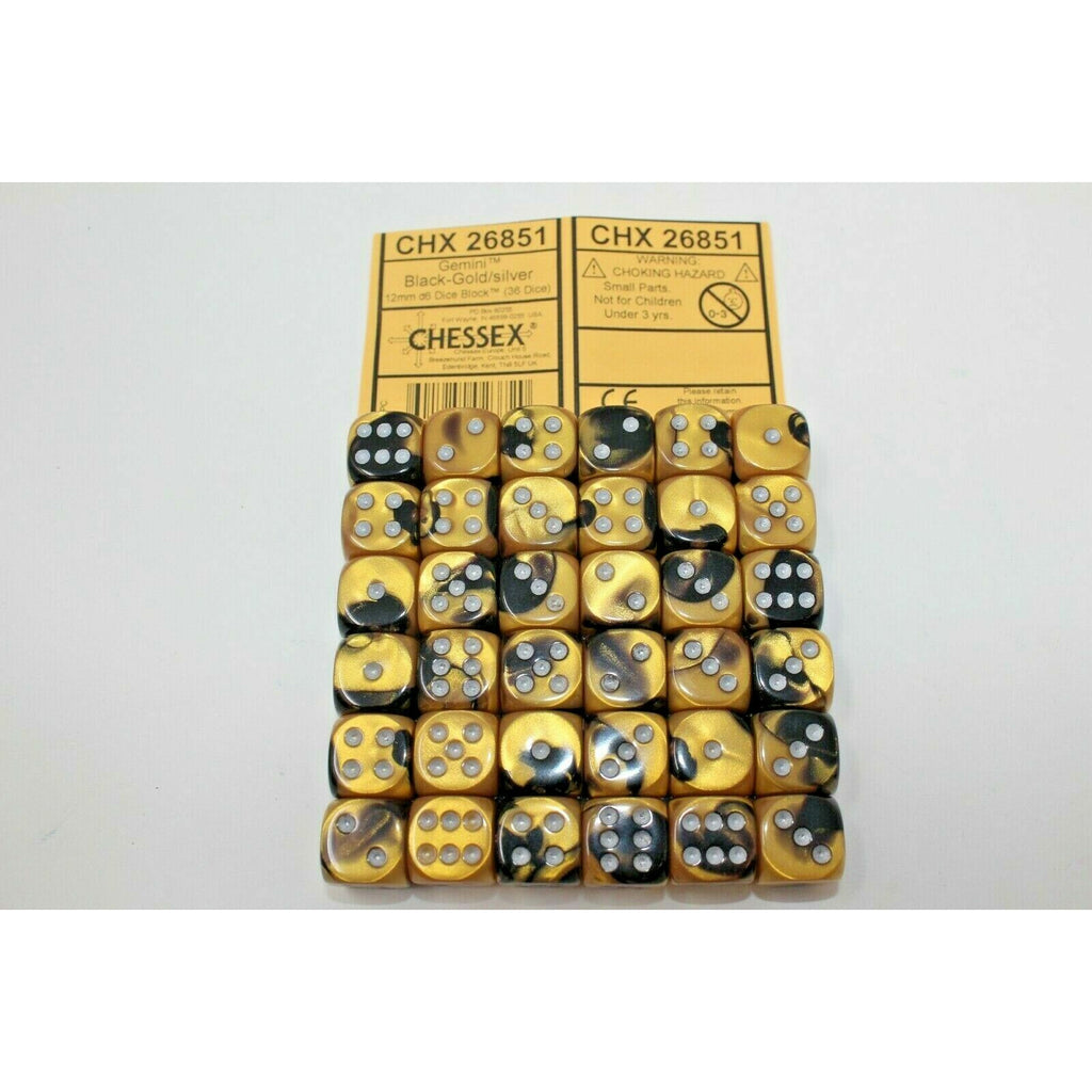 Chessex Dice 12mm D6 (36 Dice) Gemini Black - Gold / Silver - CHX 26851 | TISTAMINIS