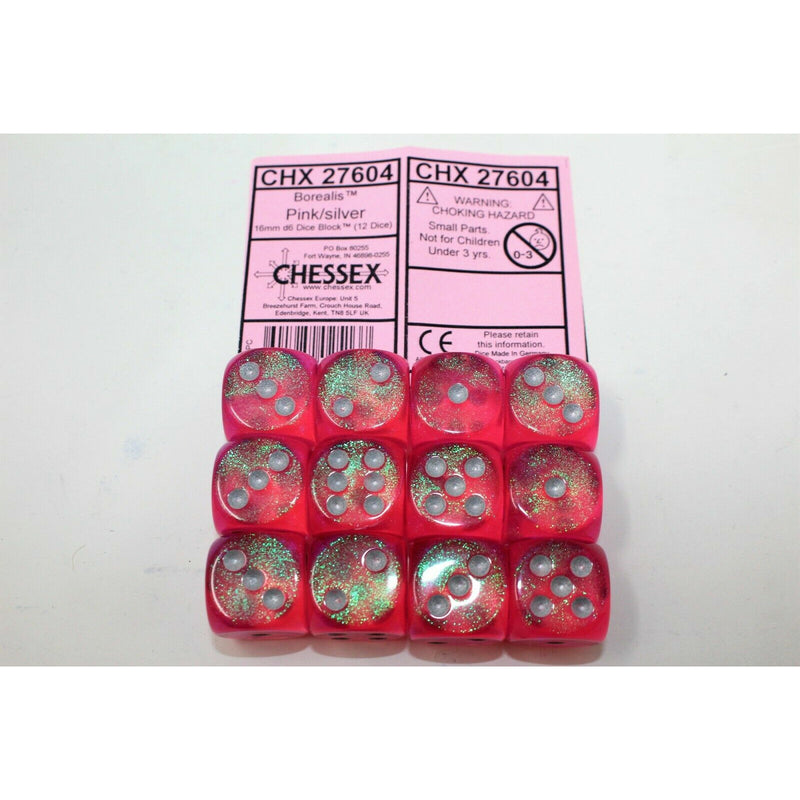 Chessex Pink with Silver 12 Borealis 16mm Pipped D6 Dice CHX27604 - TISTA MINIS