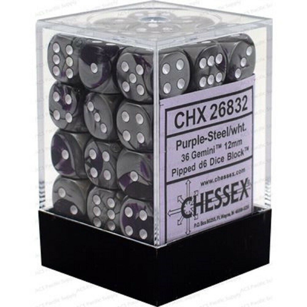 Chessex Gemini 36D6 Purple-Steel White Dice - CHX26832 | TISTAMINIS