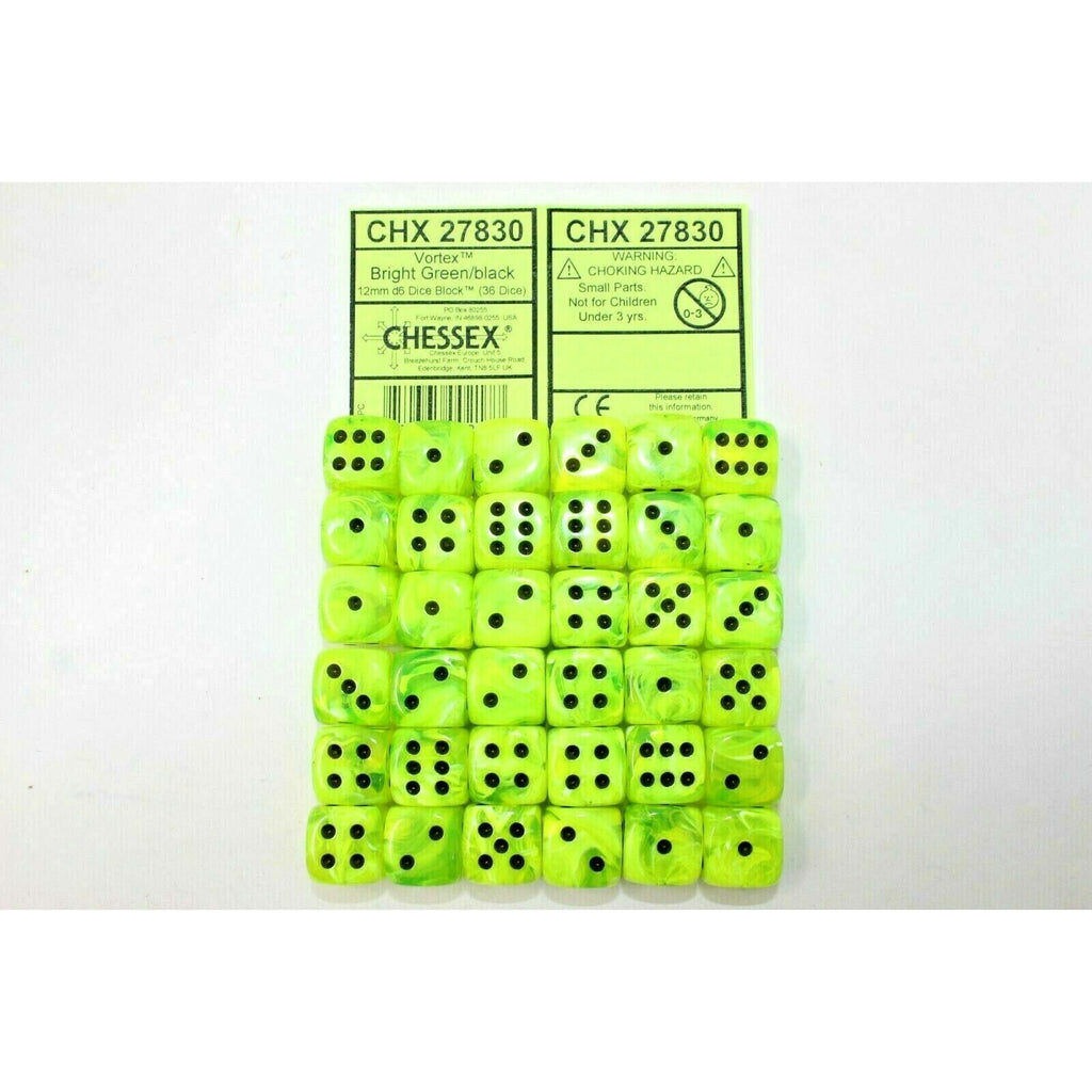 Chessex Dice 12mm D6 (36 Dice) Vortex Bright Green / Black CHX27830 | TISTAMINIS