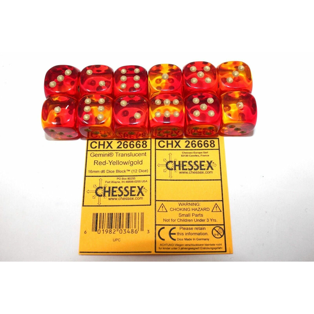 Chessex  Translucent Red Yellow with Gold 12 Gemini 16mm Dice - CHX26668 New - Tistaminis