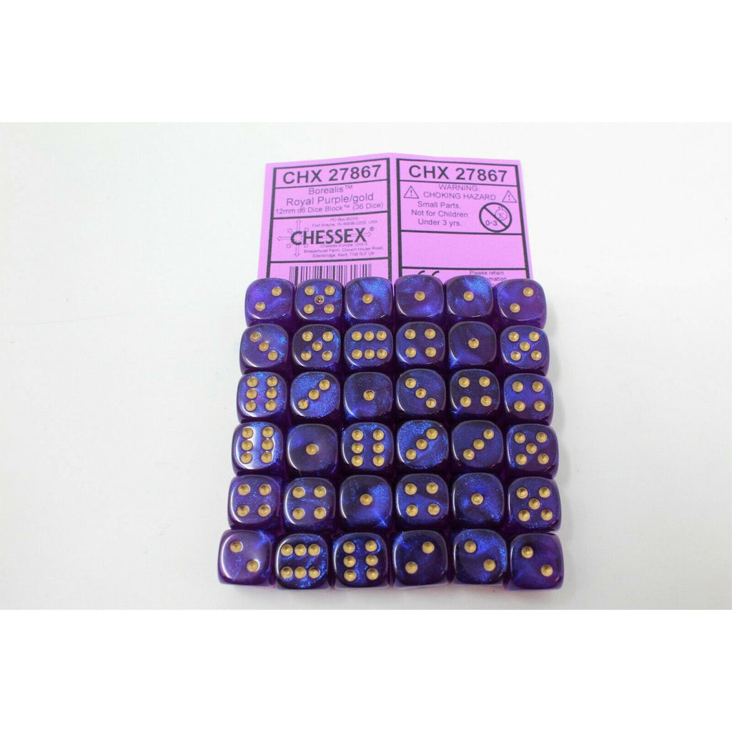 Chessex Royal Purple with Gold 36 Borealis 12mm Pipped Dice CHX 27867 - TISTA MINIS