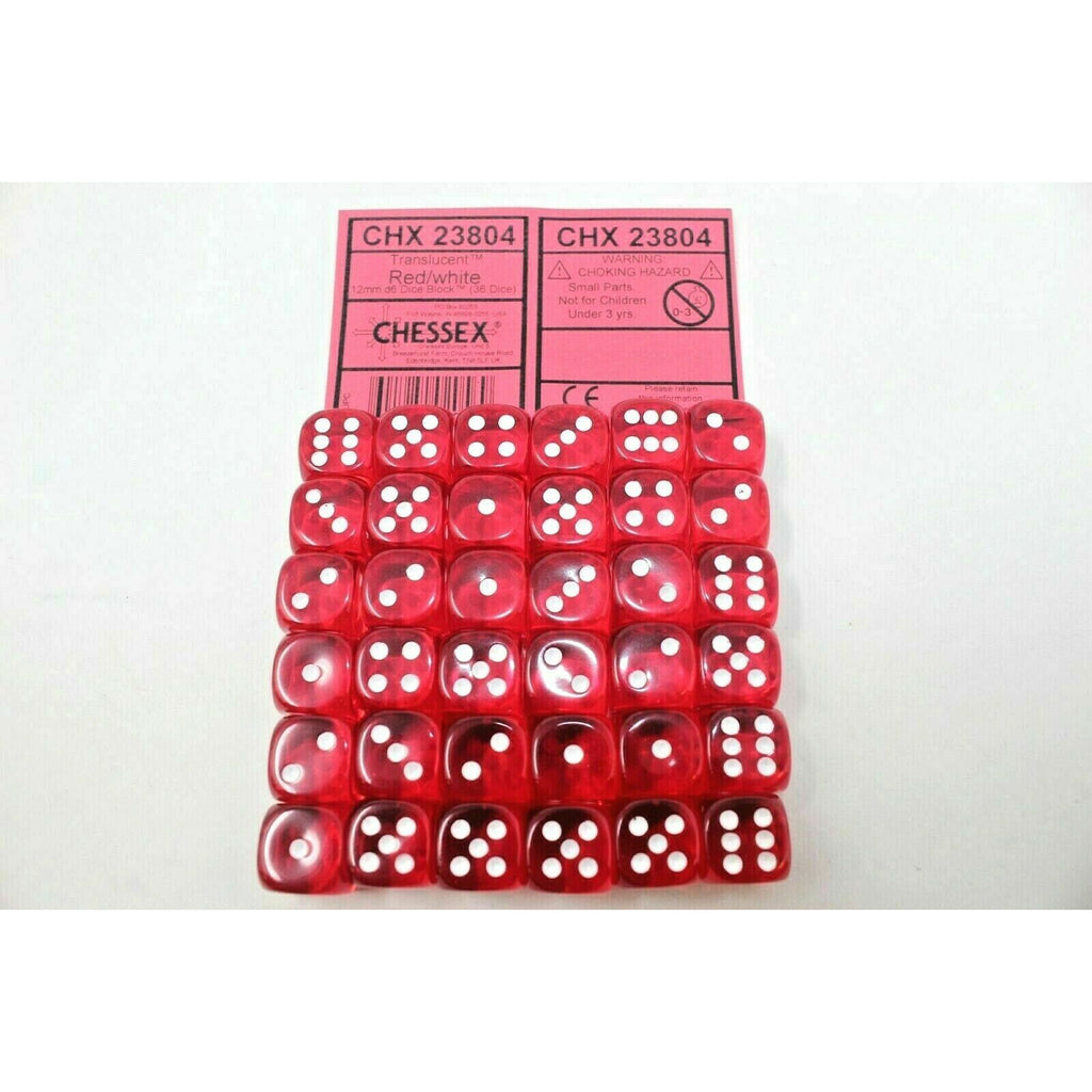 Chessex Dice 12mm D6 (36 Dice) Translucent Red / White CHX23804 | TISTAMINIS