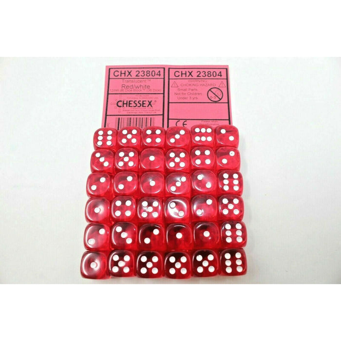 Chessex Dice 12mm D6 (36 Dice) Translucent Red / White CHX23804 | TISTAMINIS