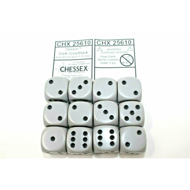 Chessex Dice 16mm D6 (12 Dice) Opaque Dark Grey / Black CHX25610 | TISTAMINIS