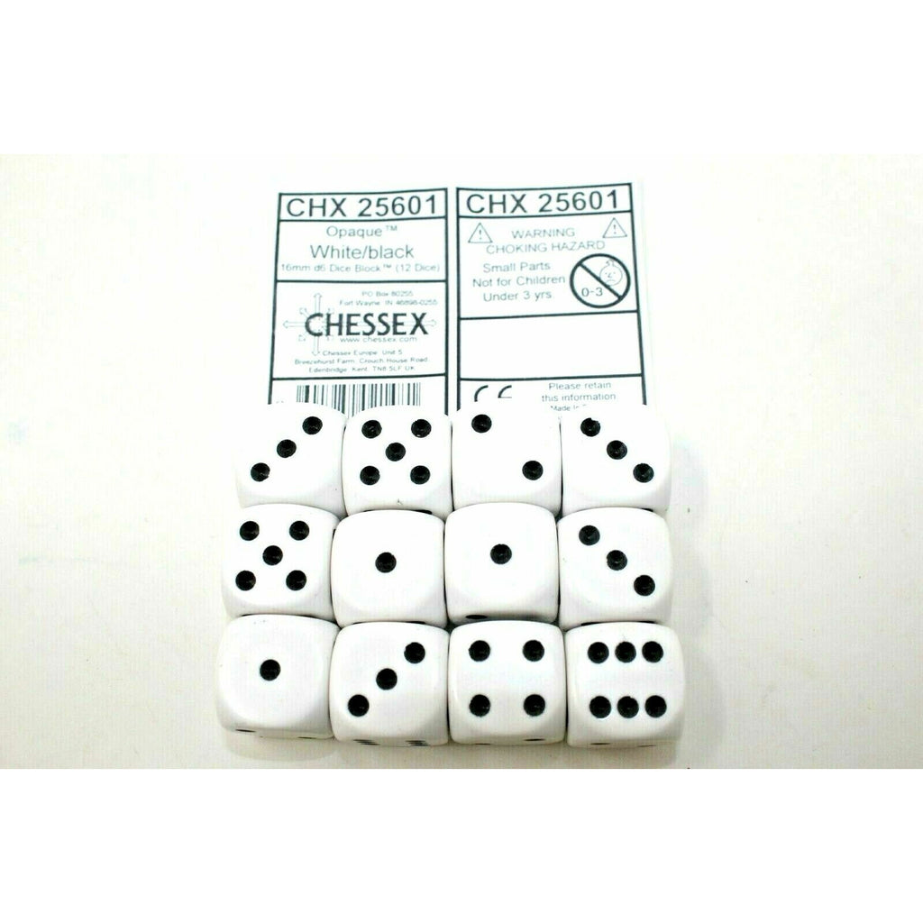 Chessex Dice 16mm D6 (12 Dice) Opaque White / Black CHX25601 | TISTAMINIS