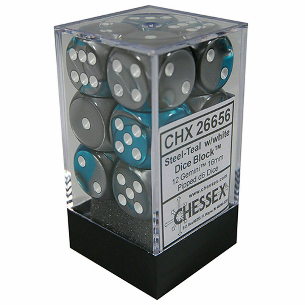Chessex Dice Gemini: 12D6 Steel-Teal/White New - TISTA MINIS