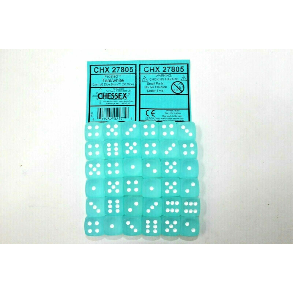 Chessex Dice 12mm D6 (36 Dice) Frosted Teal / White CHX27805 | TISTAMINIS