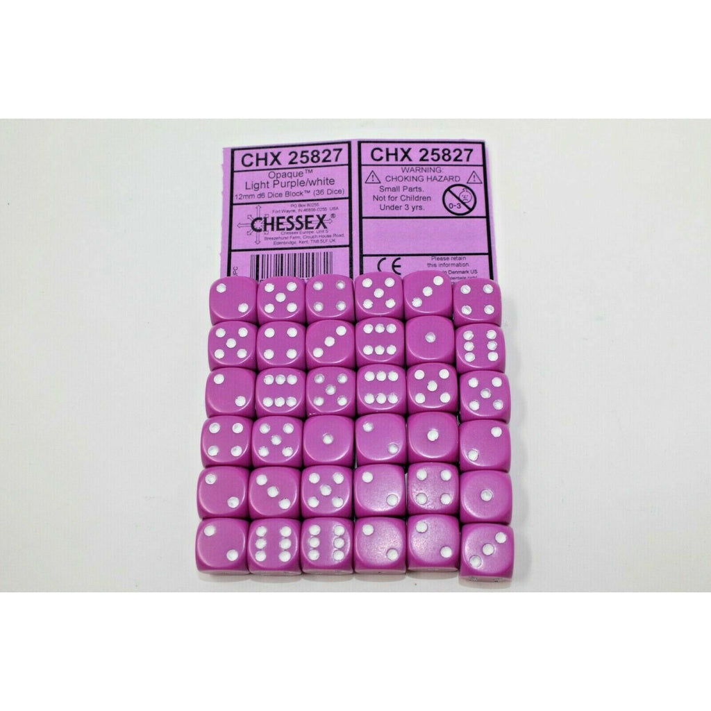 Chessex Dice 12mm D6 (36 Dice) Opaque Light Purple / White - CHX 25827 - Tistaminis