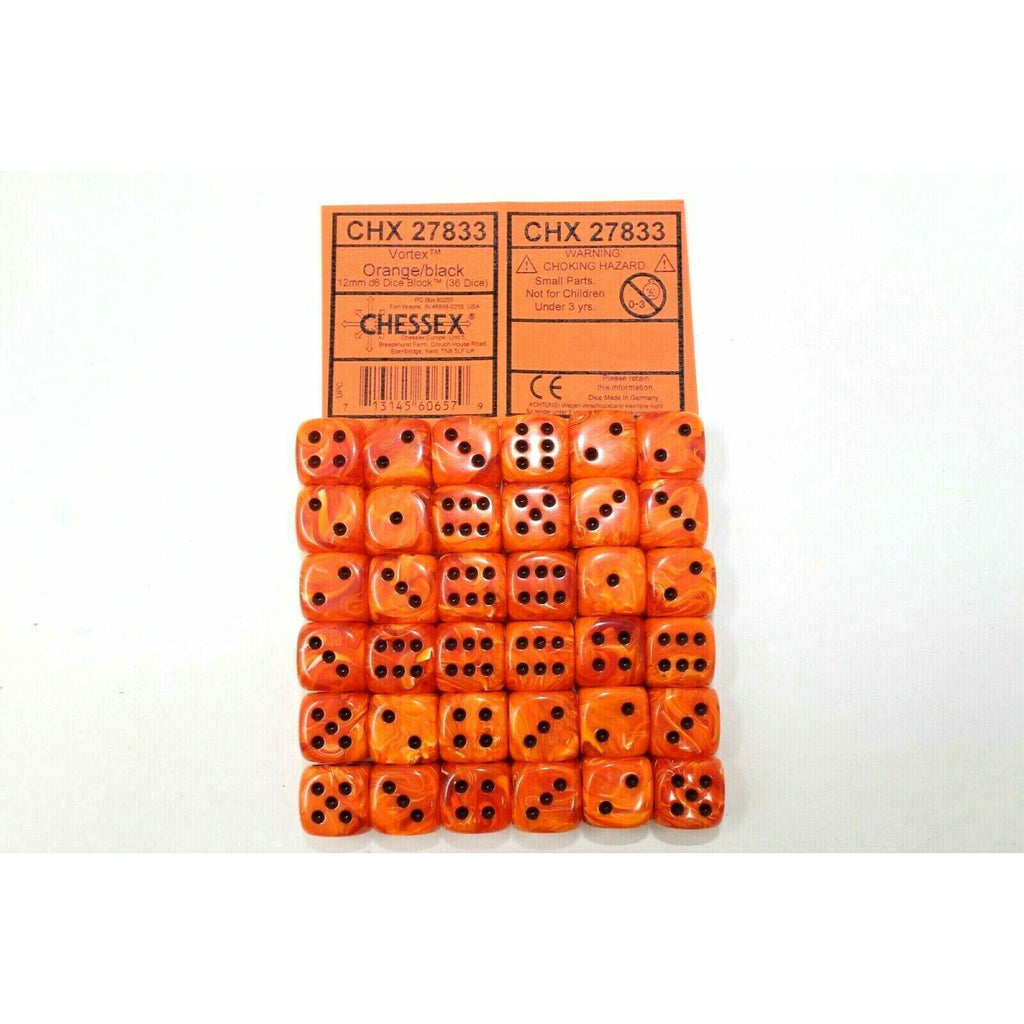 Chessex Dice 12mm D6 (36 Dice) Vortex Orange / Black CHX27833 | TISTAMINIS