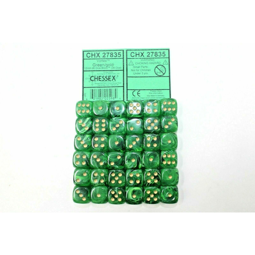 Chessex Dice 12mm D6 (36 Dice) Vortex Green / Gold CHX27835 | TISTAMINIS