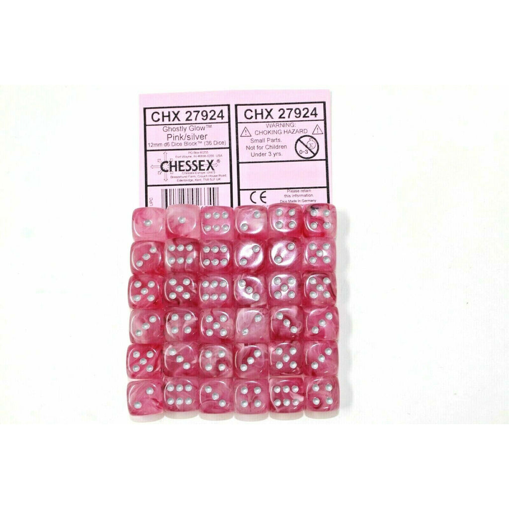 Chessex Dice 12mm D6 (36 Dice) Ghostly Glow Pink / Silver CHX 27924 | TISTAMINIS