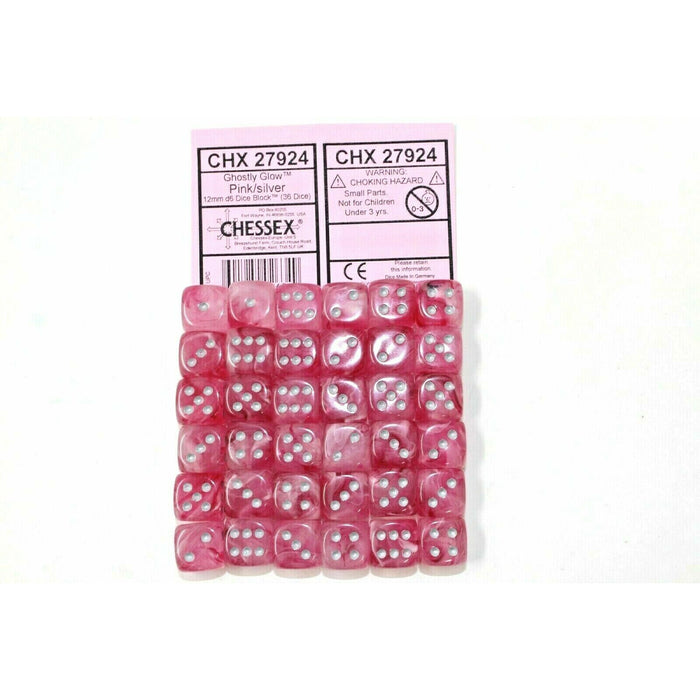 Chessex Dice 12mm D6 (36 Dice) Ghostly Glow Pink / Silver CHX 27924 | TISTAMINIS