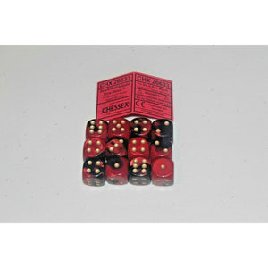 Chessex Black- Red with Gold 12 Gemini 16mm Pipped D6 Dice CHX 26633 - TISTA MINIS