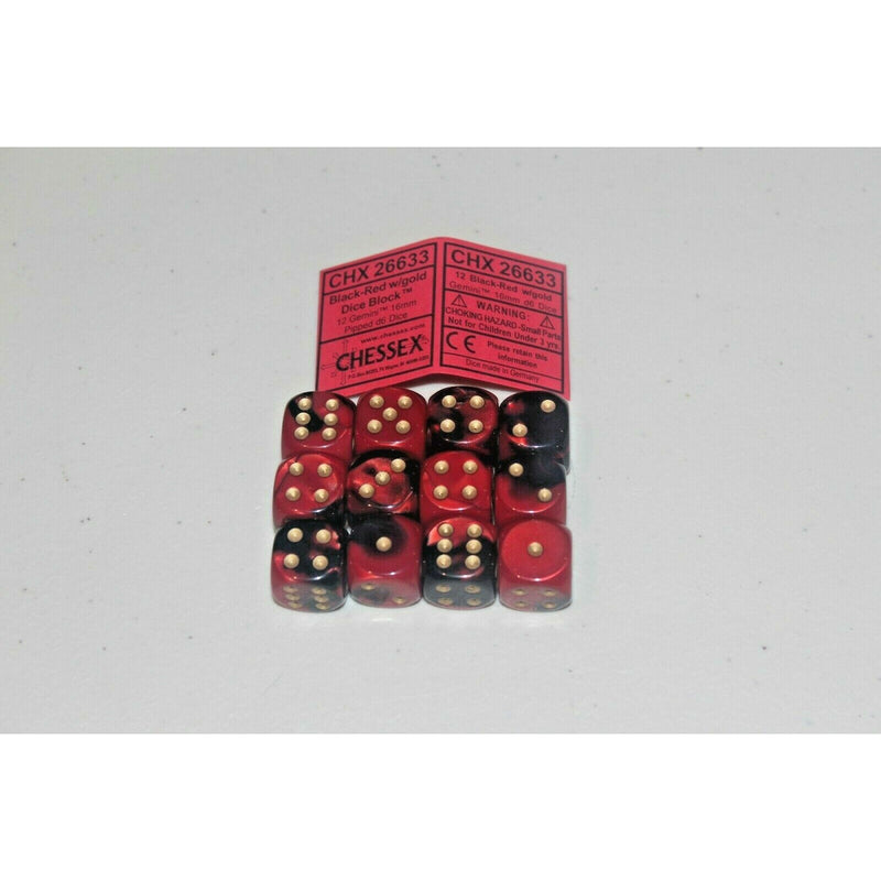 Chessex Black- Red with Gold 12 Gemini 16mm Pipped D6 Dice CHX 26633 - TISTA MINIS