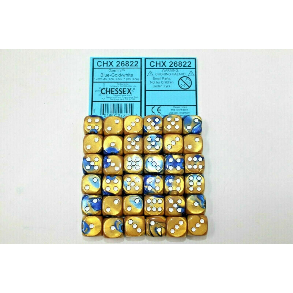 Chessex Dice 12mm D6 (36 Dice) Gemini Blue - Gold / White CHX26822 | TISTAMINIS
