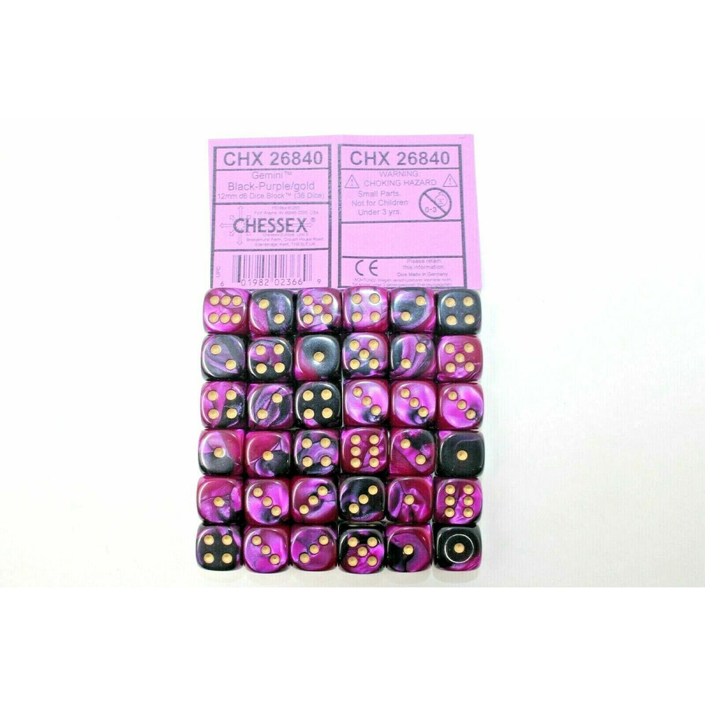Chessex Dice 12mm D6 (36 Dice) Gemini Black - Purple / Gold CHX26840 | TISTAMINIS
