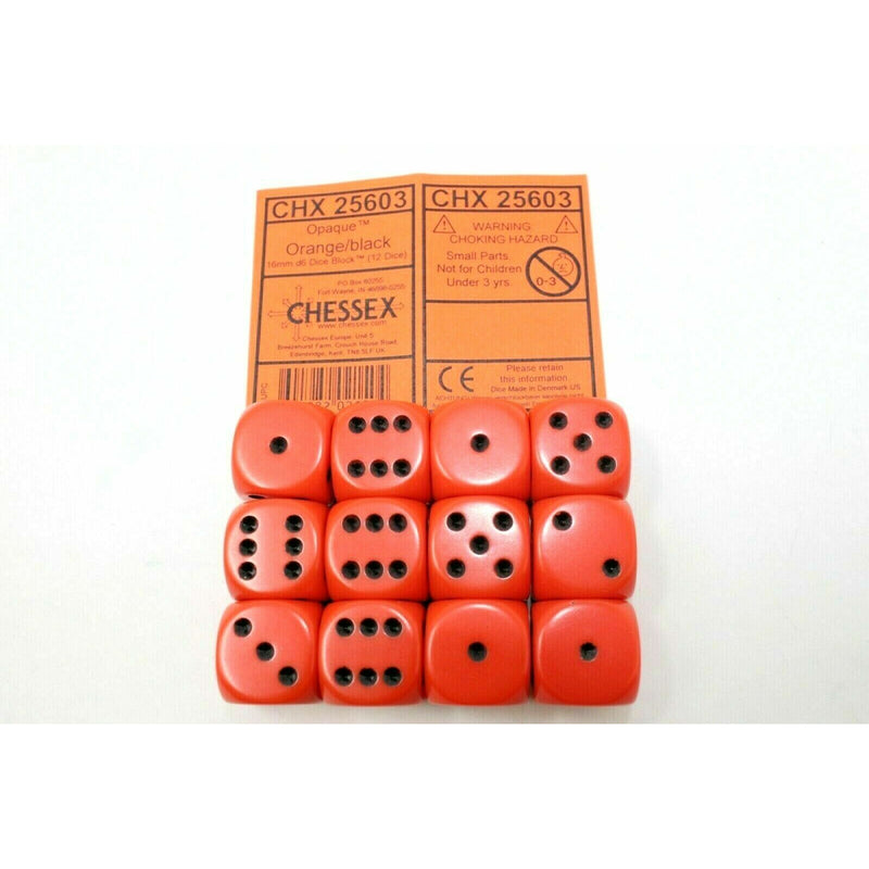 Chessex Dice 16mm D6 (12 Dice) Opaque Orange / Black CHX25603 | TISTAMINIS