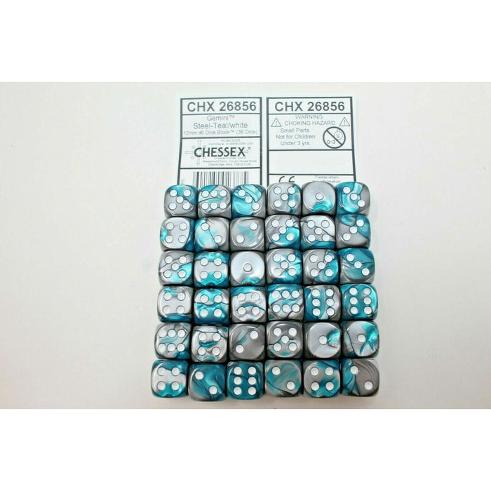 Chessex Dice 12mm D6 (36 Dice) Gemini Steel - Teal / White - CHX 26856 - Tistaminis