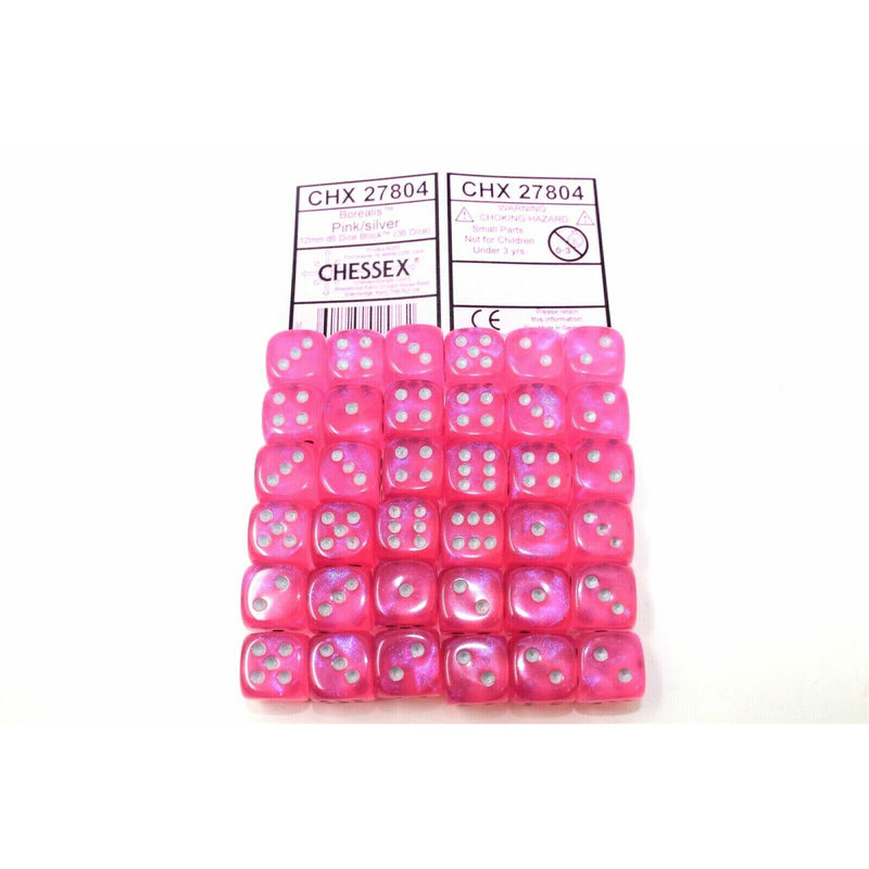 Chessex Pink with Silver 36 Borealis 12mm Pipped Dice CHX 27804 - TISTA MINIS