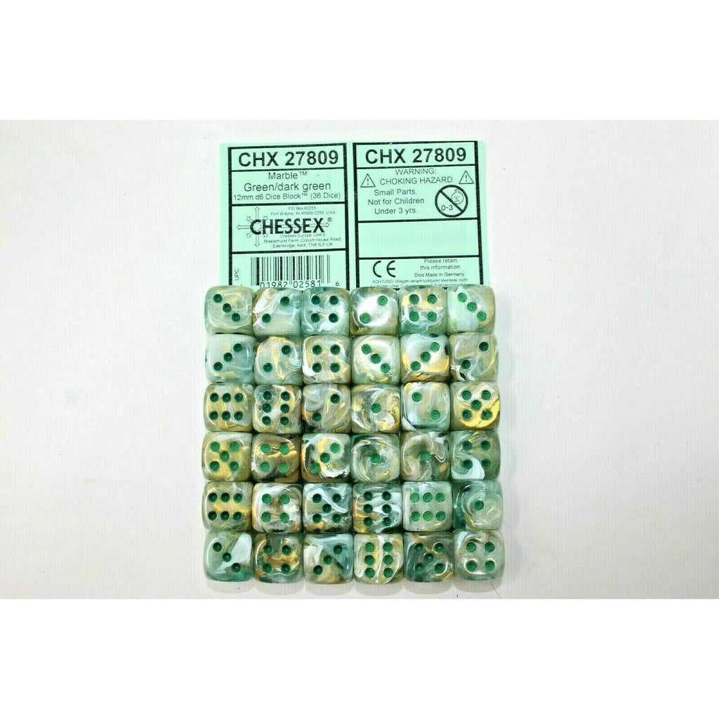 Chessex Dice 12mm D6 (36 Dice) Marbel Green / Dark Green CHX27809 | TISTAMINIS