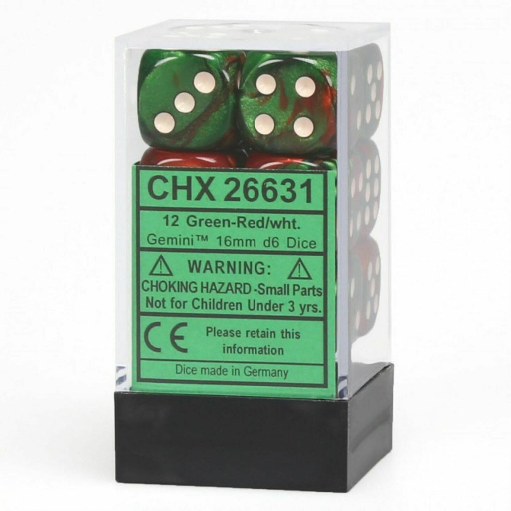 Chessex Dice Gemini: 12D6 Green-Red/White New - TISTA MINIS