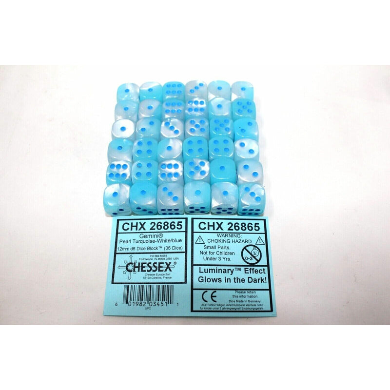 Chessex 	Pearl Turquoise White with Blue 36 Gemini 12mm Luminary Dice - CHX26865 - Tistaminis