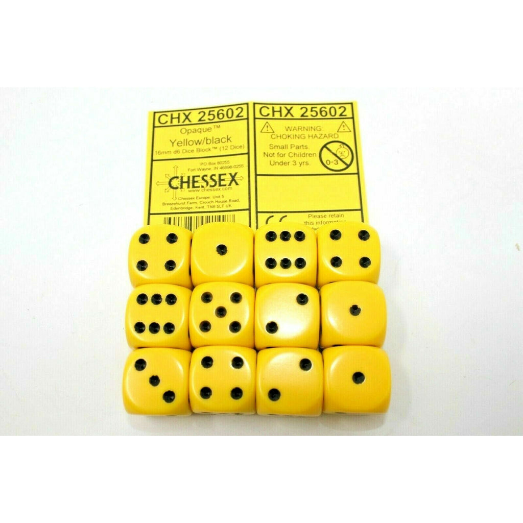 Chessex Dice 16mm D6 (12 Dice) Opaque Yellow / Black CHX25602 | TISTAMINIS