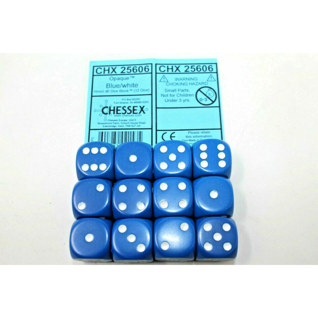 Chessex Dice 16mm D6 (12 Dice) Opaque Blue / White CHX25606 | TISTAMINIS