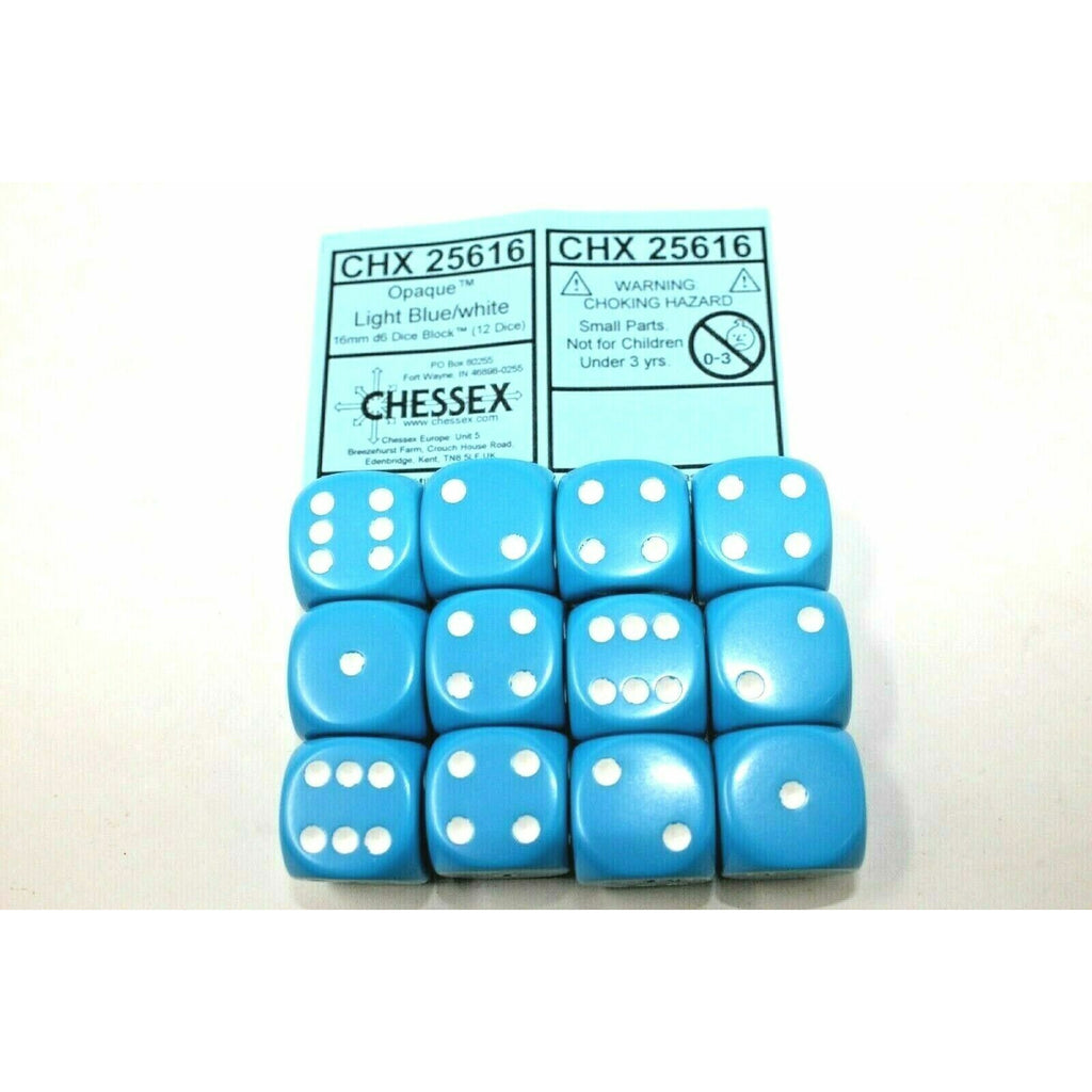 Chessex Dice 16mm D6 (12 Dice) Opaque Light Blue / White CHX25616 | TISTAMINIS