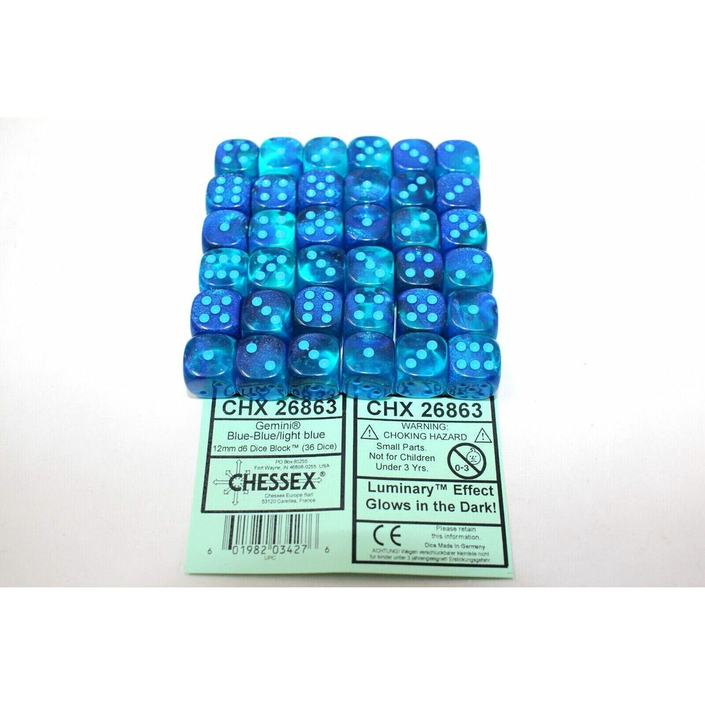 Chessex Blue with Light Blue 36 Gemini 12mm Luminary Dice - CHX26863 New - Tistaminis