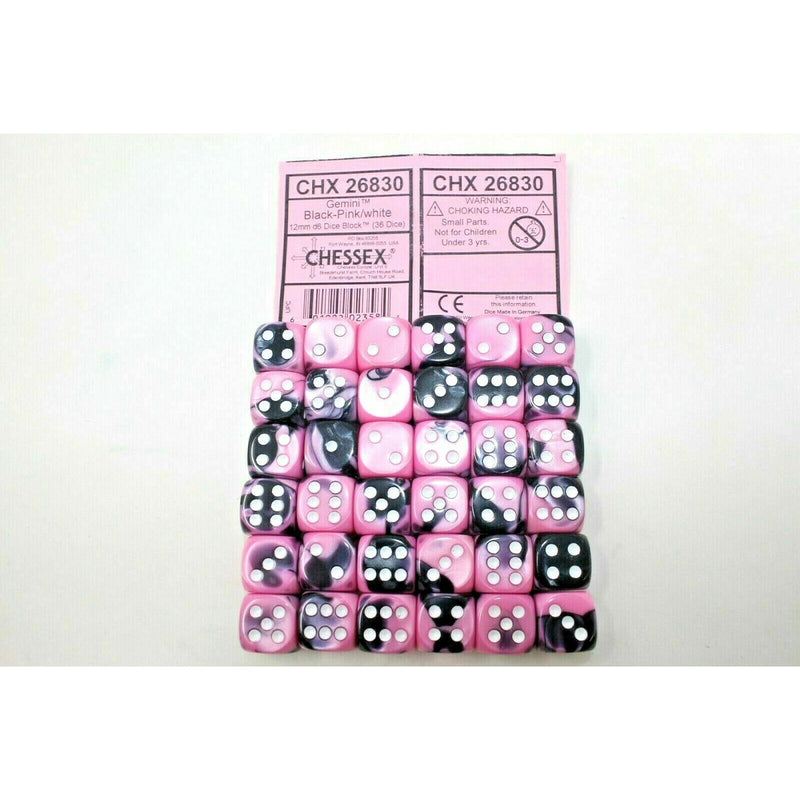 Chessex Dice 12mm D6 (36 Dice) Gemini Black - Pink / White CHX26830 | TISTAMINIS