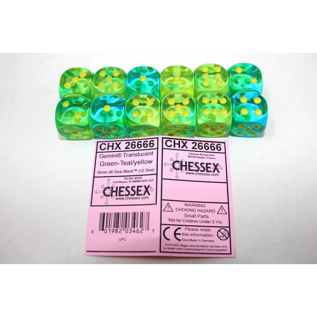 Chessex 	Translucent Green Teal with Yellow 12 Gemini 16mm Dice - CHX26666 New - Tistaminis