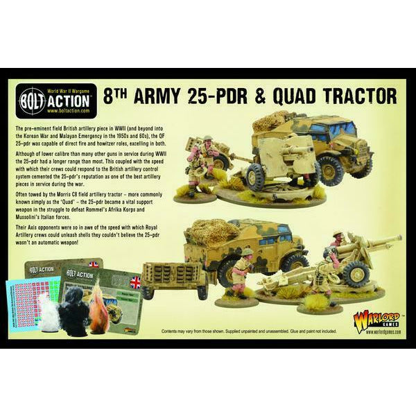 Bolt Action British 8th Army 25 pounder Light Artillery, Quad & Limber New - TISTA MINIS