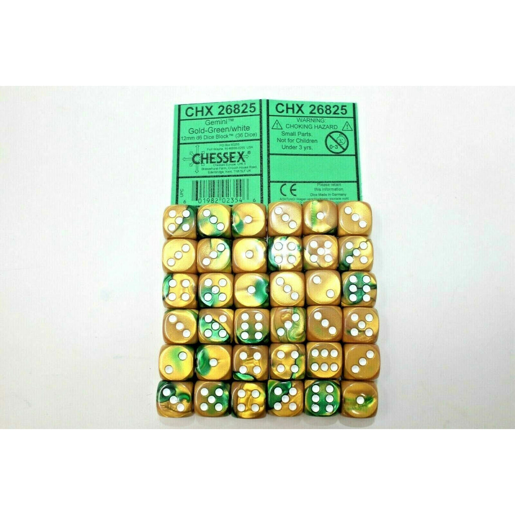 Chessex Dice 12mm D6 (36 Dice) Gemini Gold - Green / White CHX26825 | TISTAMINIS
