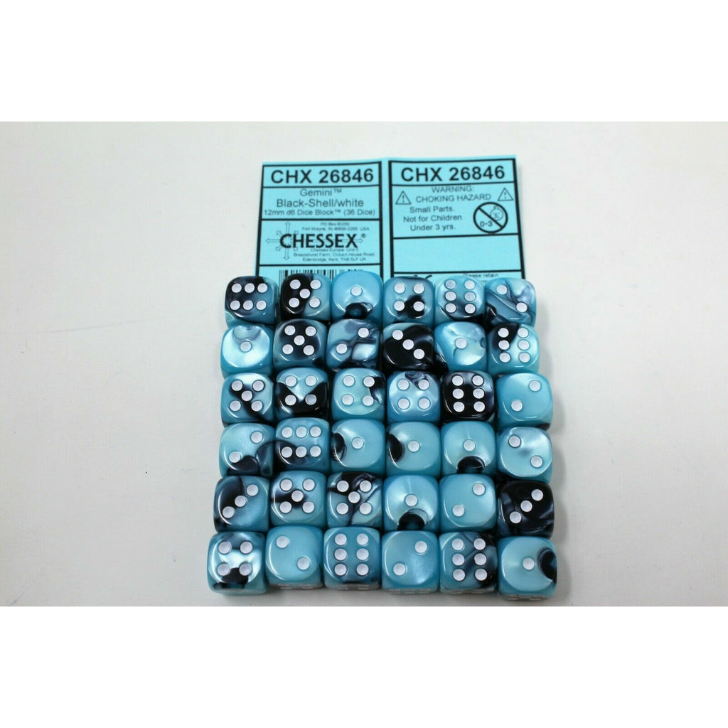 Chessex Black Shell with White 36 Gemini 12mm Pipped Dice CHX 26846 - TISTA MINIS