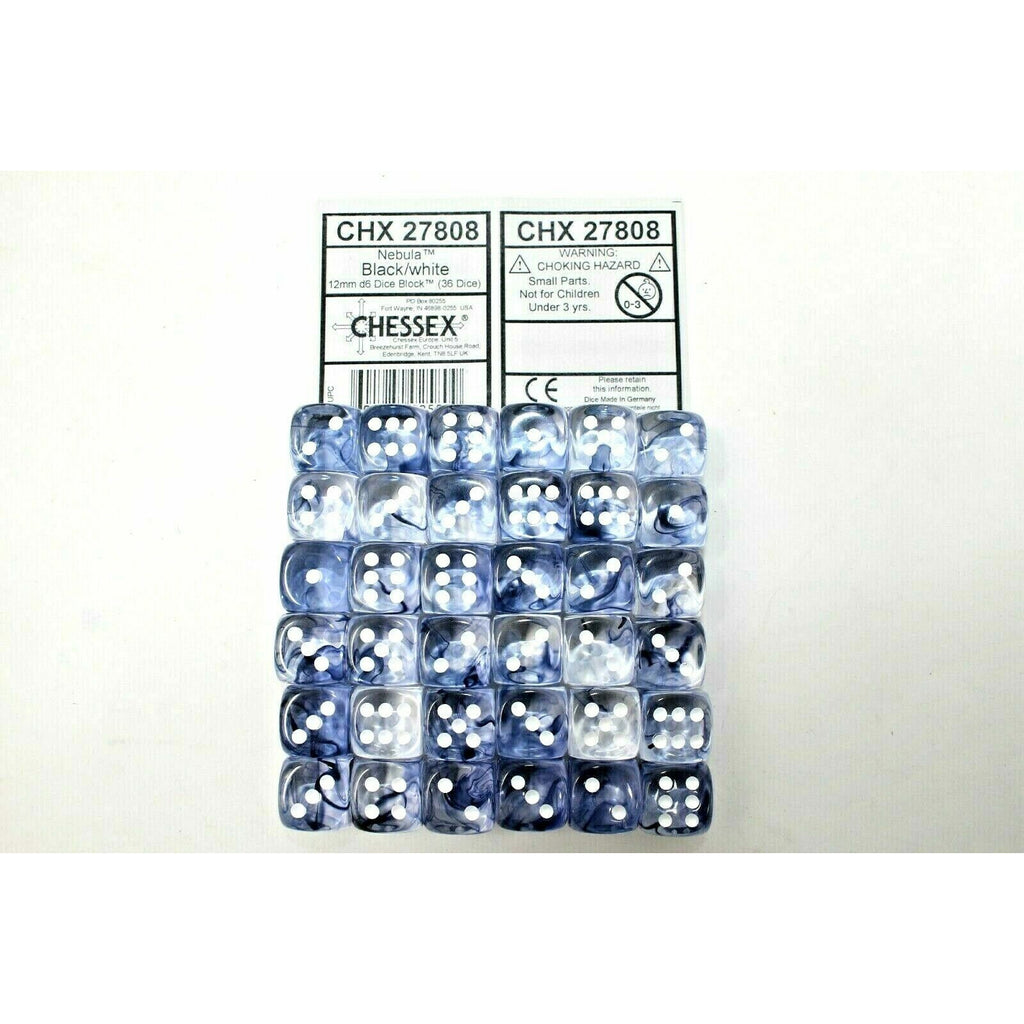 Chessex Dice 12mm D6 (36 Dice) Nebula Black / White CHX27808 | TISTAMINIS