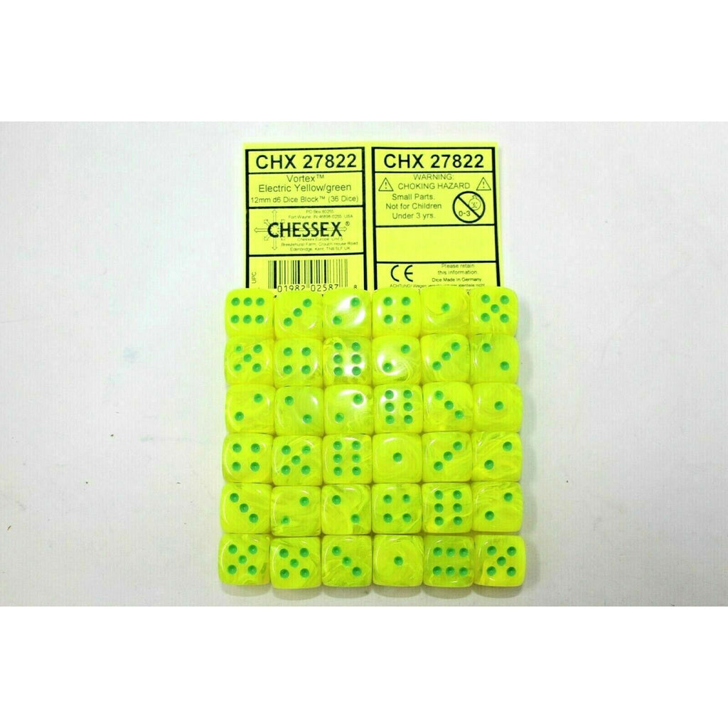 Chessex Dice 12mm D6 (36 Dice) Vortex Electric Yellow / Green CHX27822 | TISTAMINIS