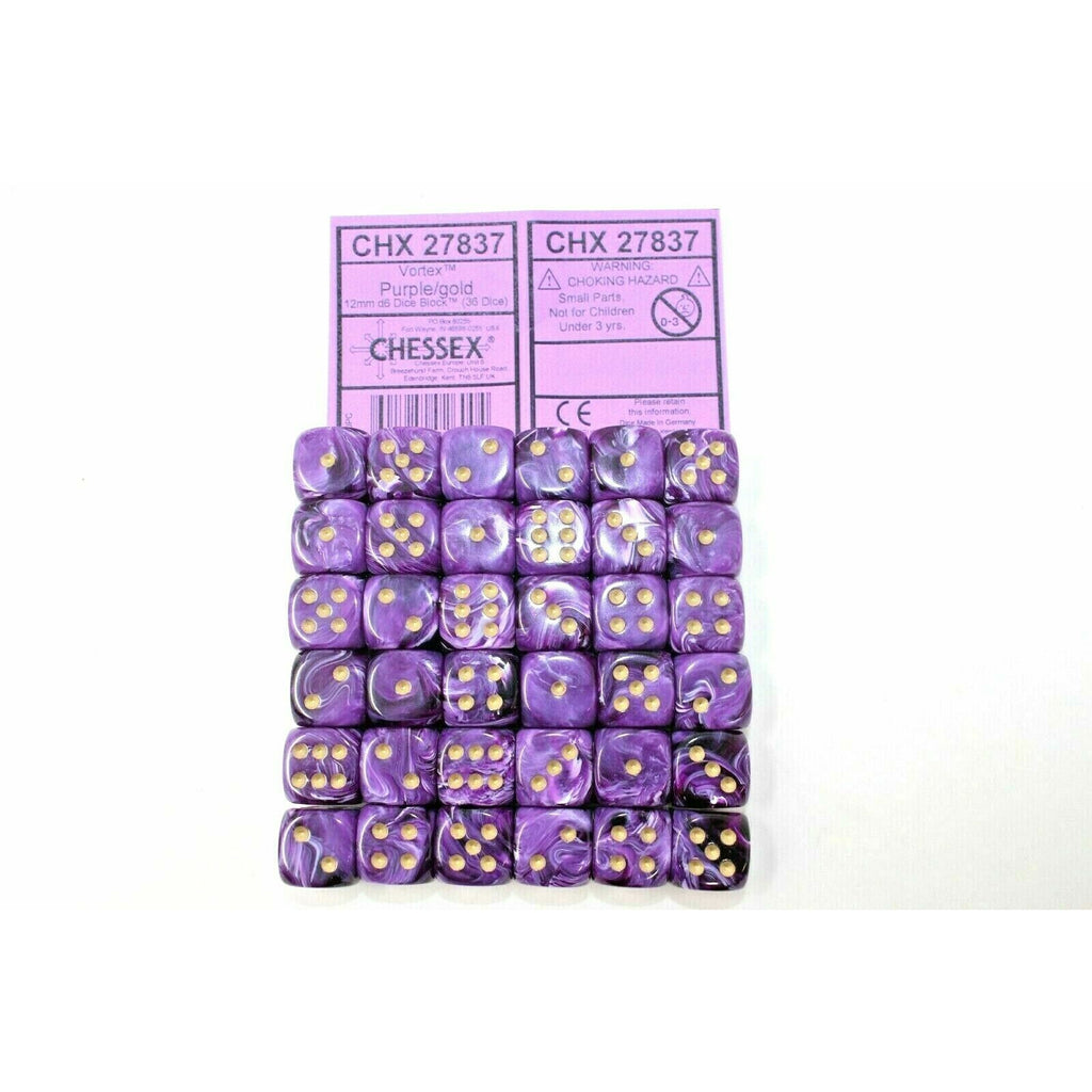 Chessex Dice 12mm D6 (36 Dice) Vortex Purple / Gold CHX27837 | TISTAMINIS