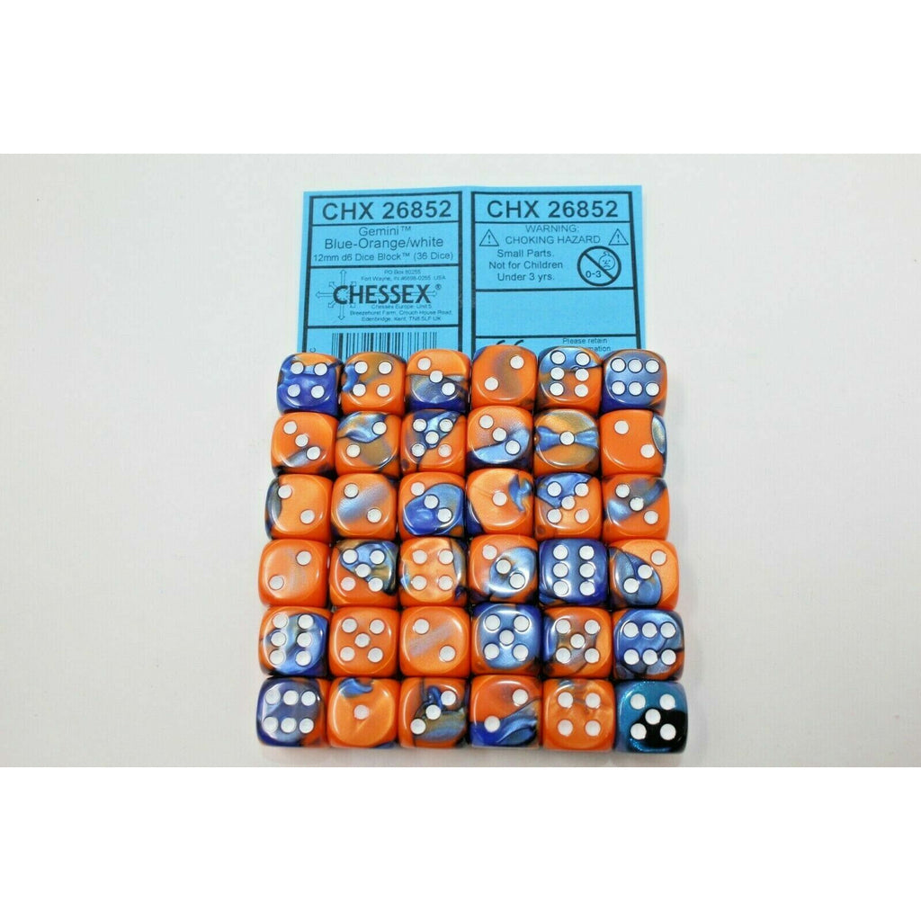 Chessex Dice 12mm D6 (36 Dice) Gemini Blue - Orange / White - CHX 26852 - Tistaminis