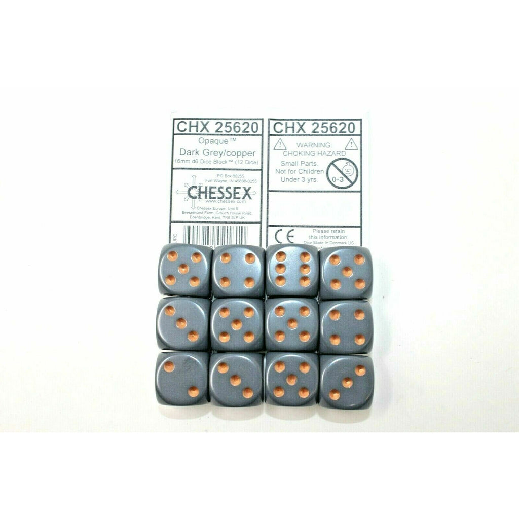 Chessex Dice 16mm D6 (12 Dice) Opaque Dark Grey / Copper CHX25620 | TISTAMINIS