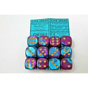 Chessex Purple-Teal with Gold 12 Gemini 16mm Pipped D6 Dice CHX 26649 - TISTA MINIS