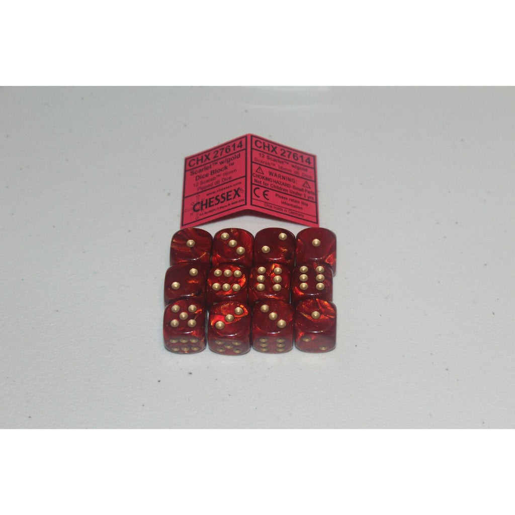 Chessex Scarlet with Gold 12 Scarab 16mm Pipped D6 Dice CHX 27614 - TISTA MINIS