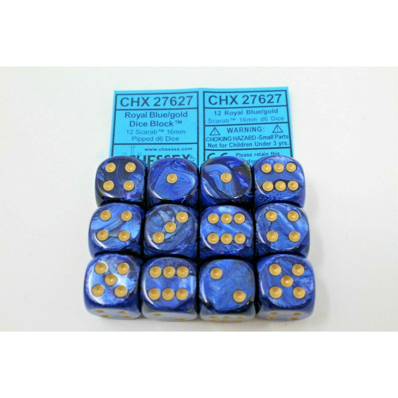 Chessex Royal Blue/Gold 12 Scarab 16mm Pipped D6 Dice CHX 27627 - TISTA MINIS