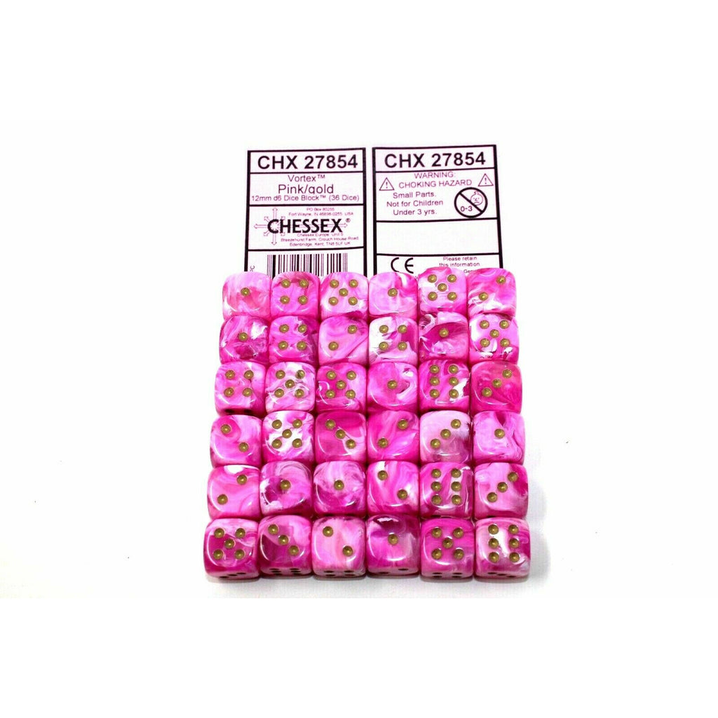 Chessex Dice 12mm D6 (36 Dice) Vortex Pink/Gold CHX27854 - Tistaminis