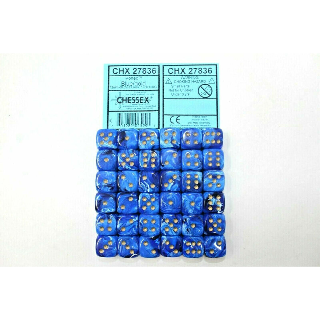 Chessex Dice 12mm D6 (36 Dice) Vortex Blue / Gold  CHX27836 | TISTAMINIS