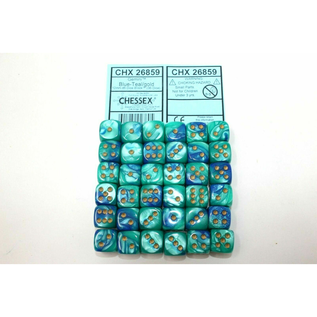 Chessex Dice 12mm D6 (36 Dice) Gemini Blue - Teal / Gold - CHX 26859 | TISTAMINIS