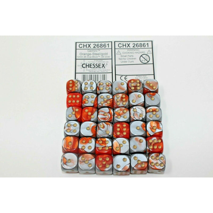 Chessex Dice 12mm D6 (36 Dice) Gemini Orange-Steel/Gold - CHX26861 | TISTAMINIS